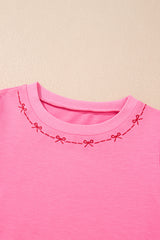 Pink Contrast Bow Trim Pearl Puff Sleeve Blouse and Skort 2pcs Set Short Sets JT's Designer Fashion