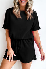 Black Casual Textured Tee and Drawstring Shorts Set Black 75%Polyester+25%Viscose Short Sets JT's Designer Fashion