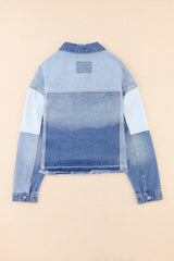 Sky Blue Color Block Denim Patchwork Frayed Hem Jacket Denim Jackets JT's Designer Fashion