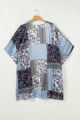Blue Retro Floral Print Long Loose Open Front Kimono Kimonos JT's Designer Fashion