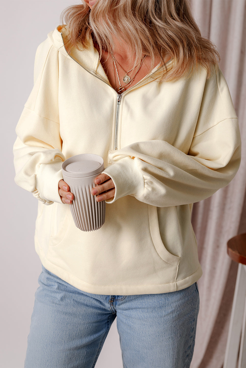 Beige Fleece Lined Half Zipper Kangaroo Pockets Loose Hoodie Sweatshirts & Hoodies JT's Designer Fashion