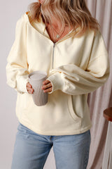 Beige Fleece Lined Half Zipper Kangaroo Pockets Loose Hoodie Sweatshirts & Hoodies JT's Designer Fashion