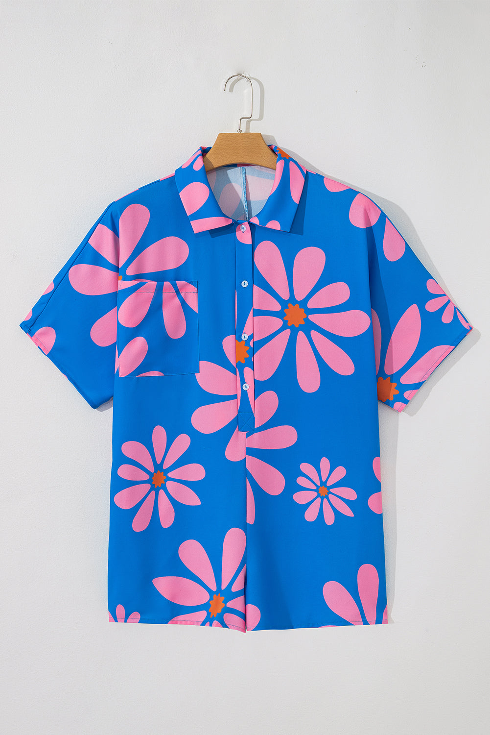 Blue Summer Flower Print Shirt Collar Button Front Loose Romper Jumpsuits & Rompers JT's Designer Fashion