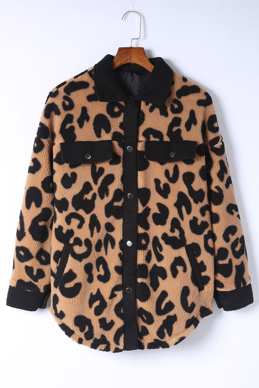 Black Contrast Trimmed Leopard Teddy Shacket Jackets JT's Designer Fashion