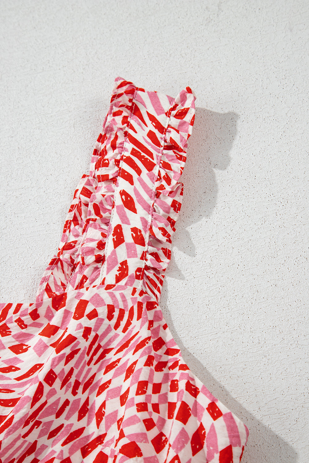 Pink Geometric Print Knot Back Sleeveless Ruffle Hem Dress Midi Dresses JT's Designer Fashion