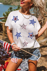 White USA Sequin Stars Patched Casual T Shirt Graphic Tees JT's Designer Fashion