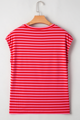 Red Stripe Sequin America Letter Patched Cap Sleeve Top Graphic Tees JT's Designer Fashion