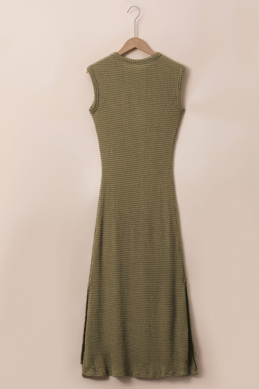 Jungle Green Waffle Knit Sleeveless Long Dress with Slits Maxi Dresses JT's Designer Fashion