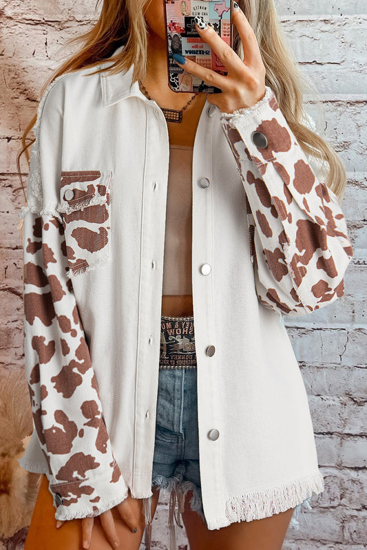 White Cow Spot Patchwork Flap Pocket Distressed Hem Long Denim Jacket White 60%Cotton+40%Polyester Denim Jackets JT's Designer Fashion