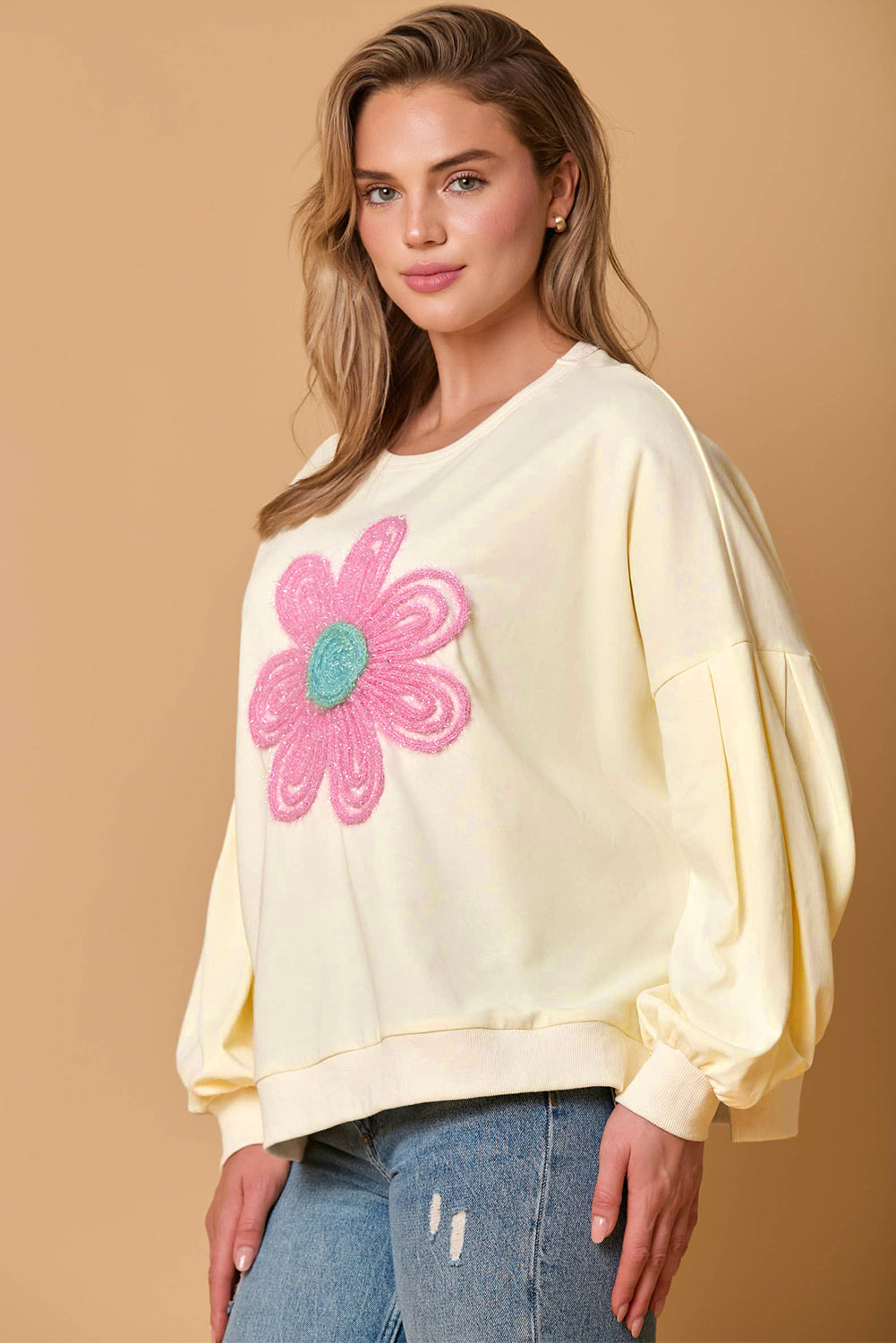 Beige Tinsel Flower Dropped Puff Sleeve Sweatshirt Sweatshirts & Hoodies JT's Designer Fashion