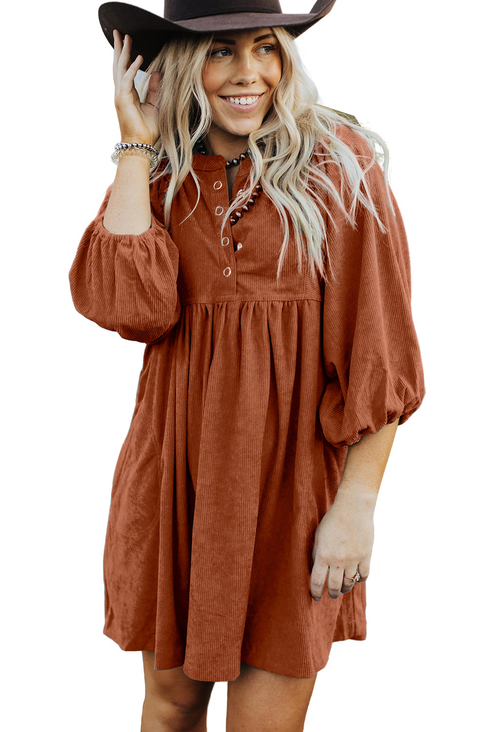 Gold Flame Corduroy Snap Buttons Empire Waist Bracelet Sleeve Dress Mini Dresses JT's Designer Fashion