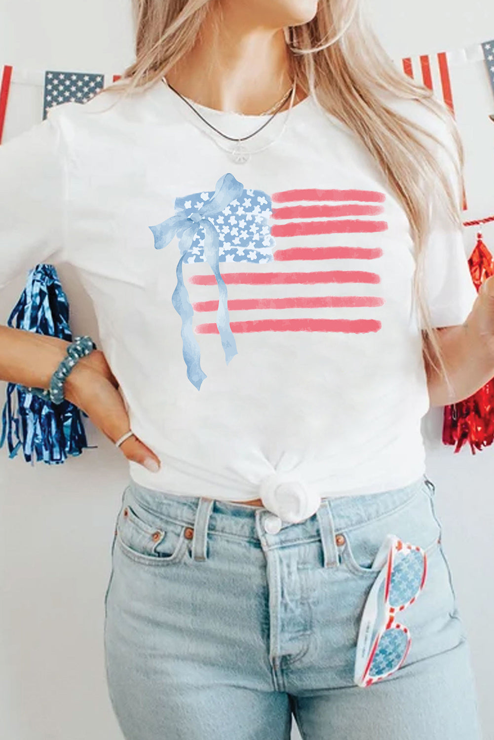 White American Flag Bow Knot Print Crew Neck T Shirt Graphic Tees JT's Designer Fashion