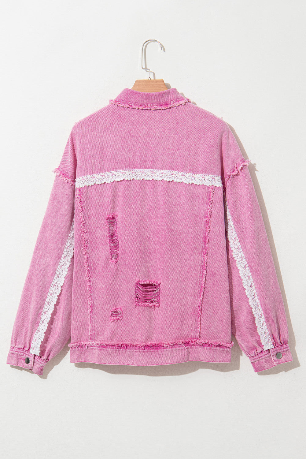 Pink Lace Patchwork Distressed Buttoned Denim Jacket Denim Jackets JT's Designer Fashion