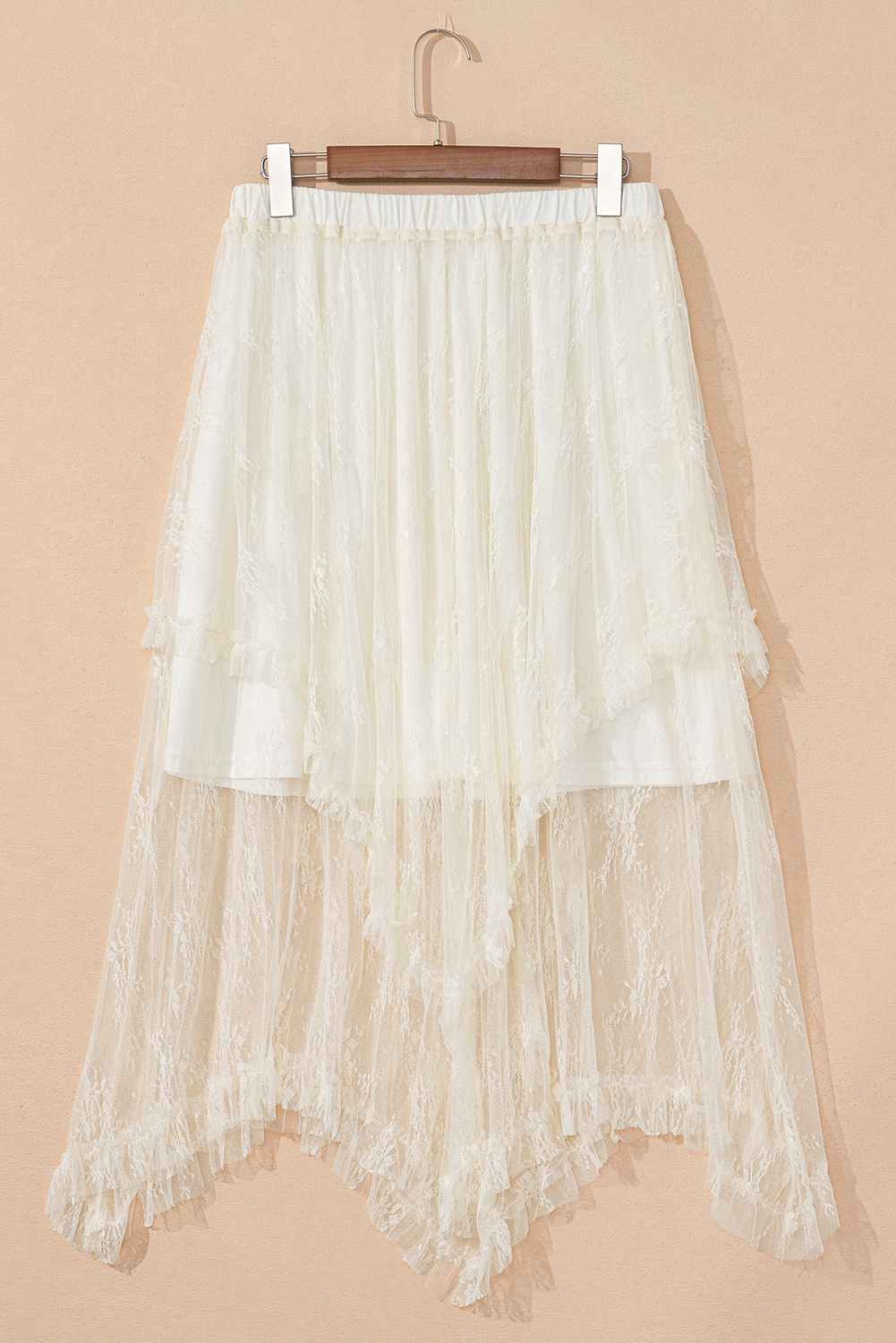 Beige Lace Cascading Tiered High Waist Maxi Skirt Skirts & Petticoat JT's Designer Fashion
