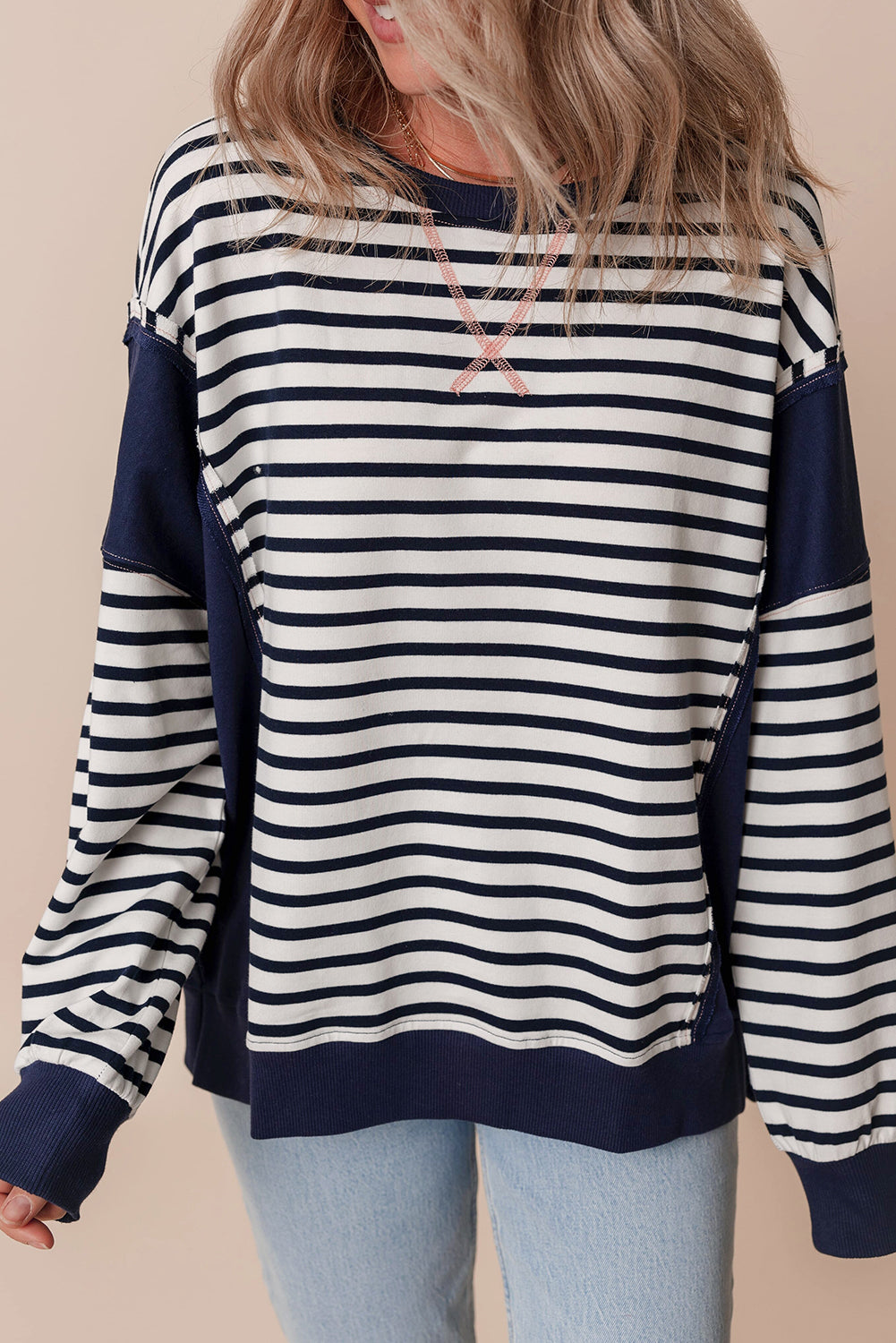 White Stripe Color Block Exposed Seam Loose Fit Sweatshirt Sweatshirts & Hoodies JT's Designer Fashion