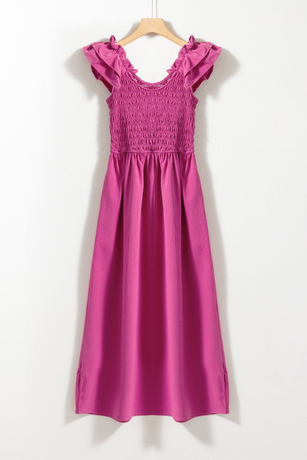 Rose Red Solid Color Ruffled Straps Smocked Ruched Long Dress Maxi Dresses JT's Designer Fashion