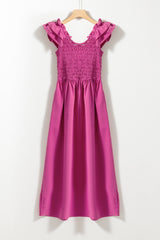 Rose Red Solid Color Ruffled Straps Smocked Ruched Long Dress Maxi Dresses JT's Designer Fashion