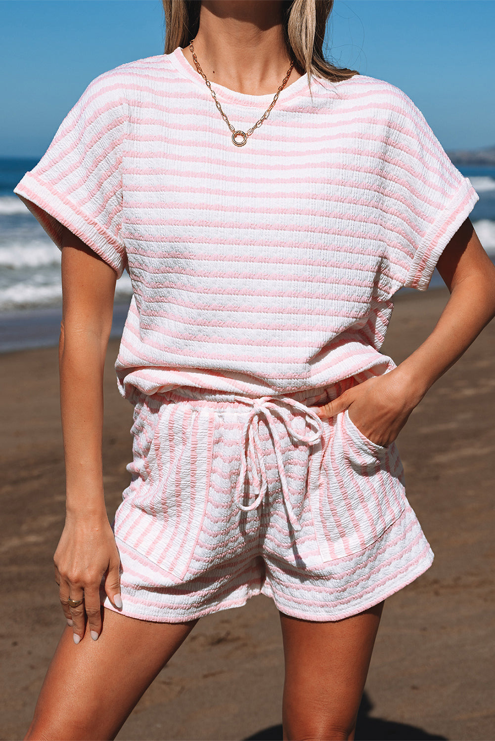 Pink Stripe Knitted Short Sleeve Top and Drawstring Shorts Set Short Sets JT's Designer Fashion