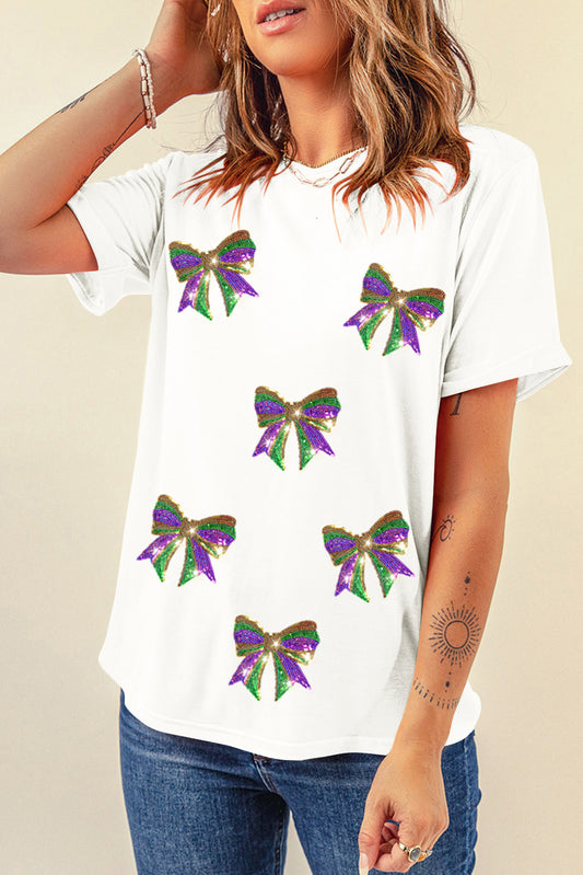 White Sequin Mardi Gras Bow Graphic Crewneck Tee Graphic Tees JT's Designer Fashion