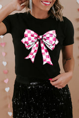 Black Checkerboard Bowknot Graphic Crewneck T Shirt Graphic Tees JT's Designer Fashion