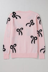 Light Pink Bow Pattern Knitted Loose Fit Sweater Sweaters JT's Designer Fashion