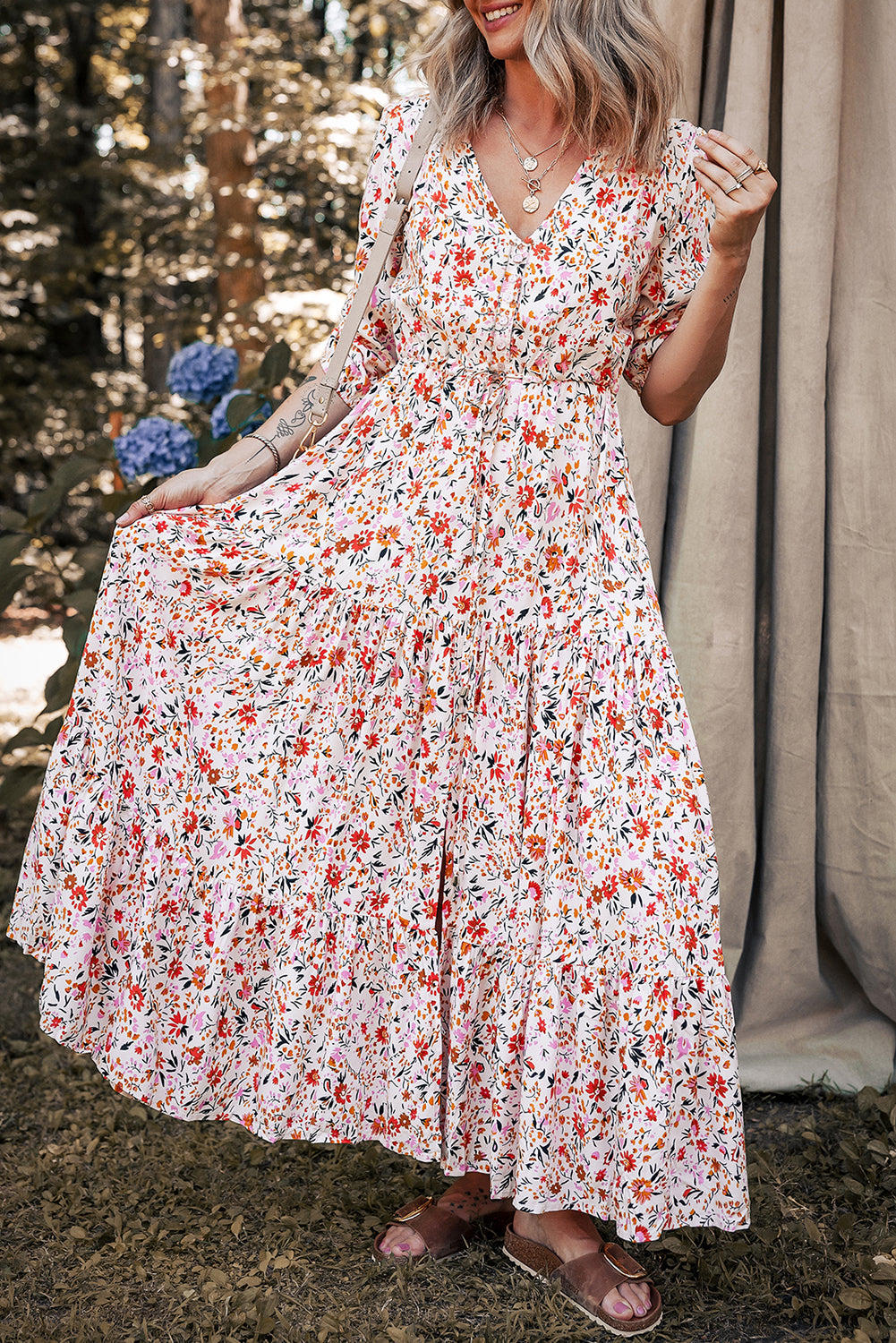 Red Boho Half Sleeve Floral V Neck Maxi Dress Floral Dresses JT's Designer Fashion