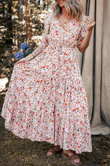 Red Boho Half Sleeve Floral V Neck Maxi Dress Floral Dresses JT's Designer Fashion