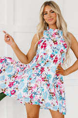 White Frill Mock Neck Sleeveless Tiered Floral Dress Floral Dresses JT's Designer Fashion