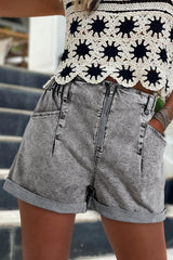 Gray Zipped Light Wash Cuffed Edge Denim Shorts Denim Shorts JT's Designer Fashion