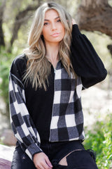Black Checkboard Patchwork Exposed Stitching Collared Top Long Sleeve Tops JT's Designer Fashion