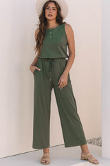 Vineyard Green Buttoned Drawstring Waist Sleeveless Wide Leg Jumpsuit Jumpsuits & Rompers JT's Designer Fashion