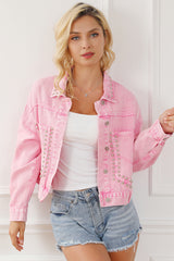 Pink Rivet Studded Pocketed Denim Jacket Denim Jackets JT's Designer Fashion