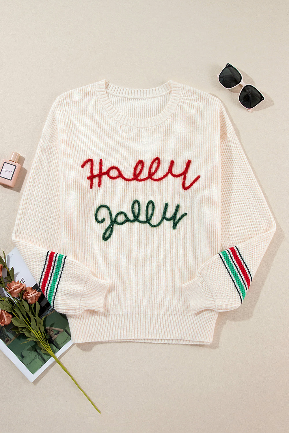 Beige Tinsel Holly Jolly Graphic Classic Sweater Sweaters JT's Designer Fashion
