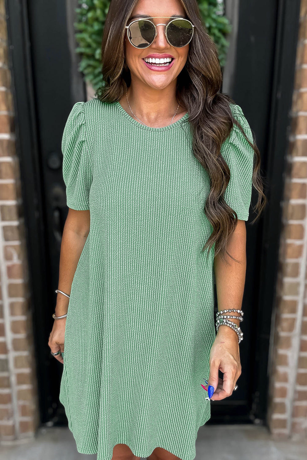 Mint Green Corded Knit Crew Neck Puff Sleeve Shift Mini Dress T Shirt Dresses JT's Designer Fashion