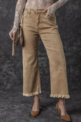 Light French Beige Acid Washed High Rise Cropped Wide Leg Jeans Jeans JT's Designer Fashion