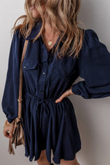 Navy Blue Solid Chest Pockets Tunic Shirt Mini Dress Mini Dresses JT's Designer Fashion
