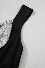 Black Sleeveless Leather Bustier Patchwork Paisley Floral Chiffon Dress Mini Dresses JT's Designer Fashion