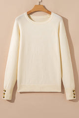 White Buttoned Bishop Sleeve Crew Neck Sweater Sweaters JT's Designer Fashion