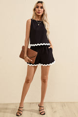 Black Ricrac Trim Tank Top Elastic Waist Shorts Set Short Sets JT's Designer Fashion