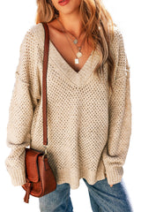 Parchment Loose Eyelet V Neck Drop Shoulder Sweater Sweaters JT's Designer Fashion
