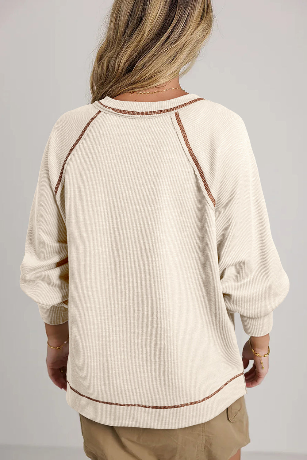 Beige Exposed Seam Textured Knit V Neck Pullover Top Long Sleeve Tops JT's Designer Fashion