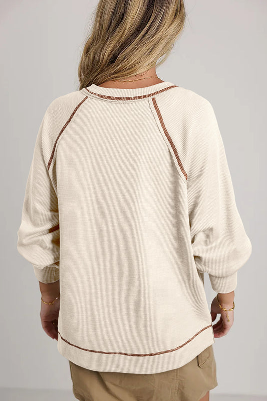 Beige Exposed Seam Textured Knit V Neck Pullover Top Long Sleeve Tops JT's Designer Fashion
