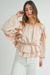 Oatmeal Lace-up Keyhole Back Ruffled Peplum Blouse Blouses & Shirts JT's Designer Fashion