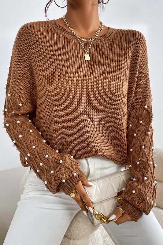 Chestnut Beaded Drop Shoulder Round Neck Sweater Chestnut 55%Acrylic+45%Cotton Sweaters JT's Designer Fashion