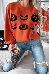 Orange Halloween Pumpkin Face Pattern Drop Shoulder Sweater Sweaters JT's Designer Fashion