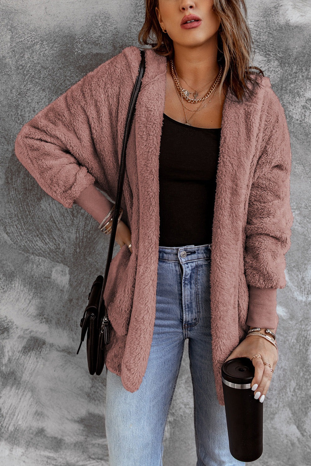 Pink Pink Soft Fleece Hooded Open Front Jacket Pink 95%Polyester+5%Spandex Jackets JT's Designer Fashion