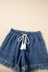 Ashleigh Blue Raw Hem Drawstring High Waist Denim Shorts with Pockets Denim Shorts JT's Designer Fashion