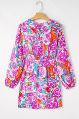 Purple Floral Keyhole Back Long Sleeve Belted Dress Floral Dresses JT's Designer Fashion