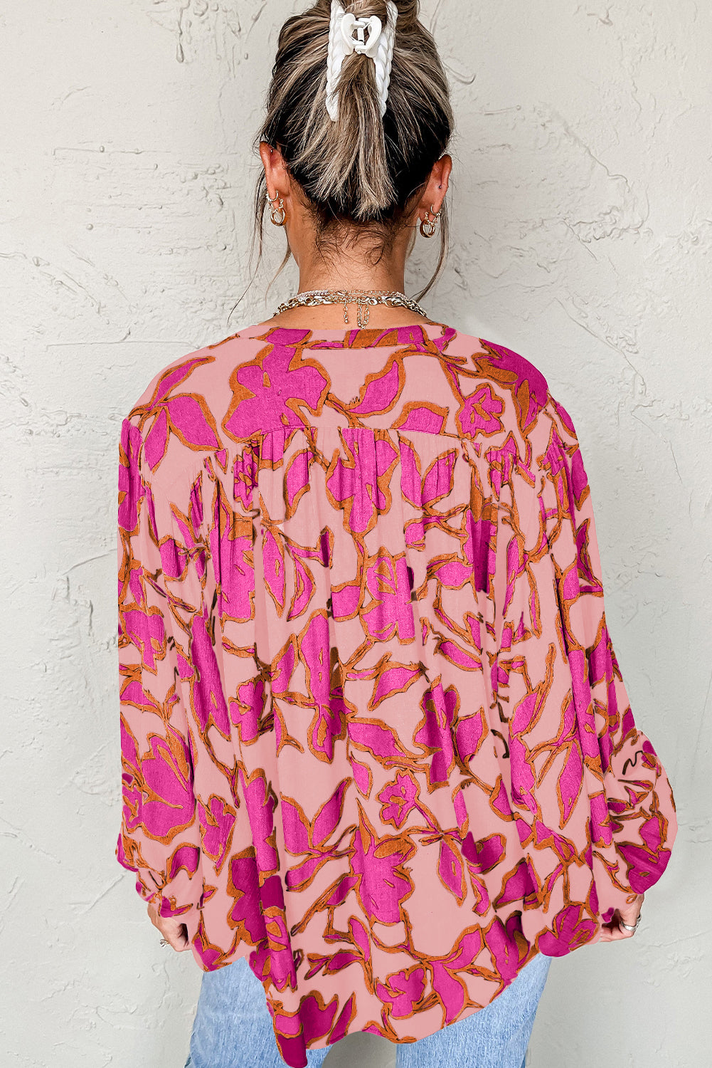 Pink Floral Print Batwing Sleeve Buttoned Loose Fit Shirt Blouses & Shirts JT's Designer Fashion