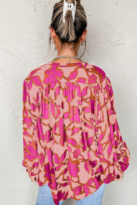Pink Floral Print Batwing Sleeve Buttoned Loose Fit Shirt Blouses & Shirts JT's Designer Fashion